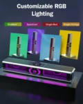 Promotional image of a customizable RGB lighting system with four colored panels and a futuristic control unit.