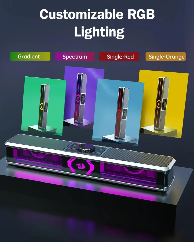 Promotional image of a customizable RGB lighting system with four colored panels and a futuristic control unit.