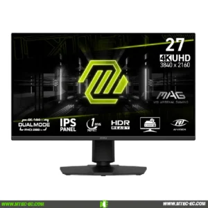 27-inch MSI Arsenal Gaming monitor displaying a neon green logo with feature icons along the bottom edge (4K UHD).