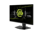 MSI Arsenal Gaming monitor on a stand, displaying a neon lime-green logo in a dark futuristic scene.