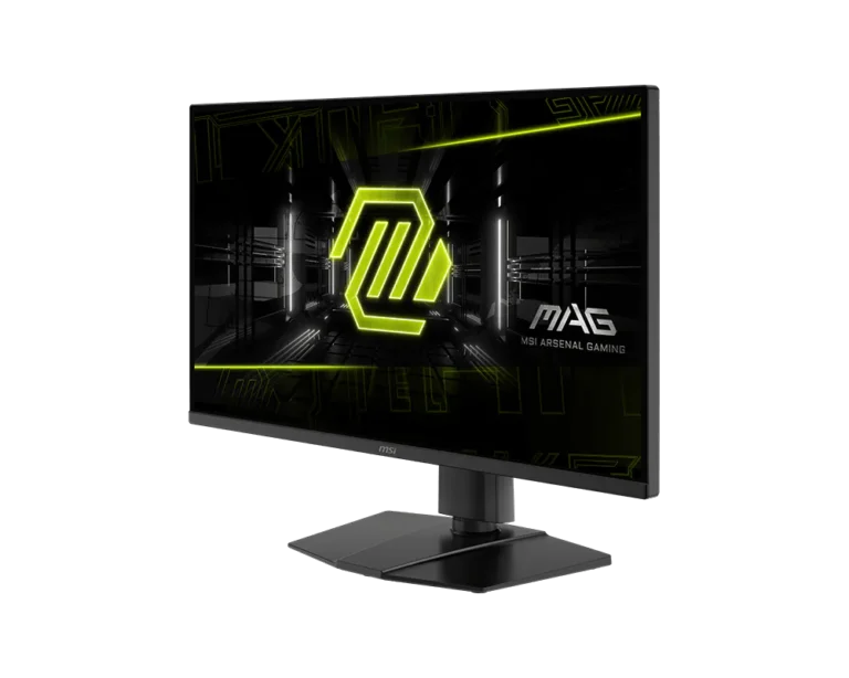 MSI Arsenal Gaming monitor on a stand, displaying a neon lime-green logo in a dark futuristic scene.