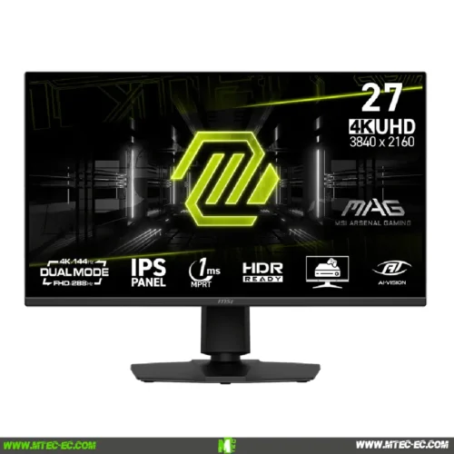 27-inch MSI Arsenal Gaming monitor displaying a neon green logo with feature icons along the bottom edge (4K UHD).