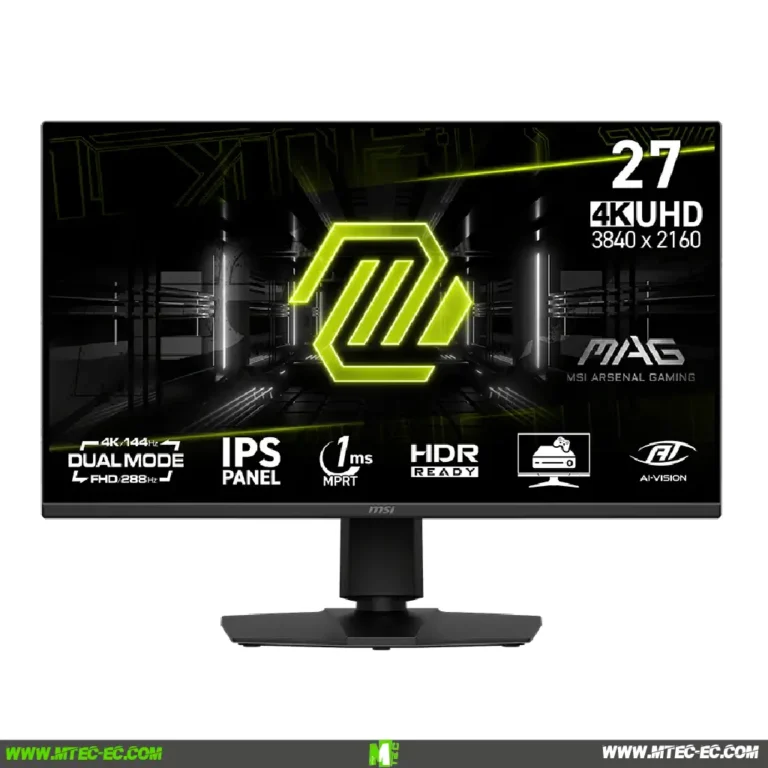 27-inch MSI Arsenal Gaming monitor displaying a neon green logo with feature icons along the bottom edge (4K UHD).