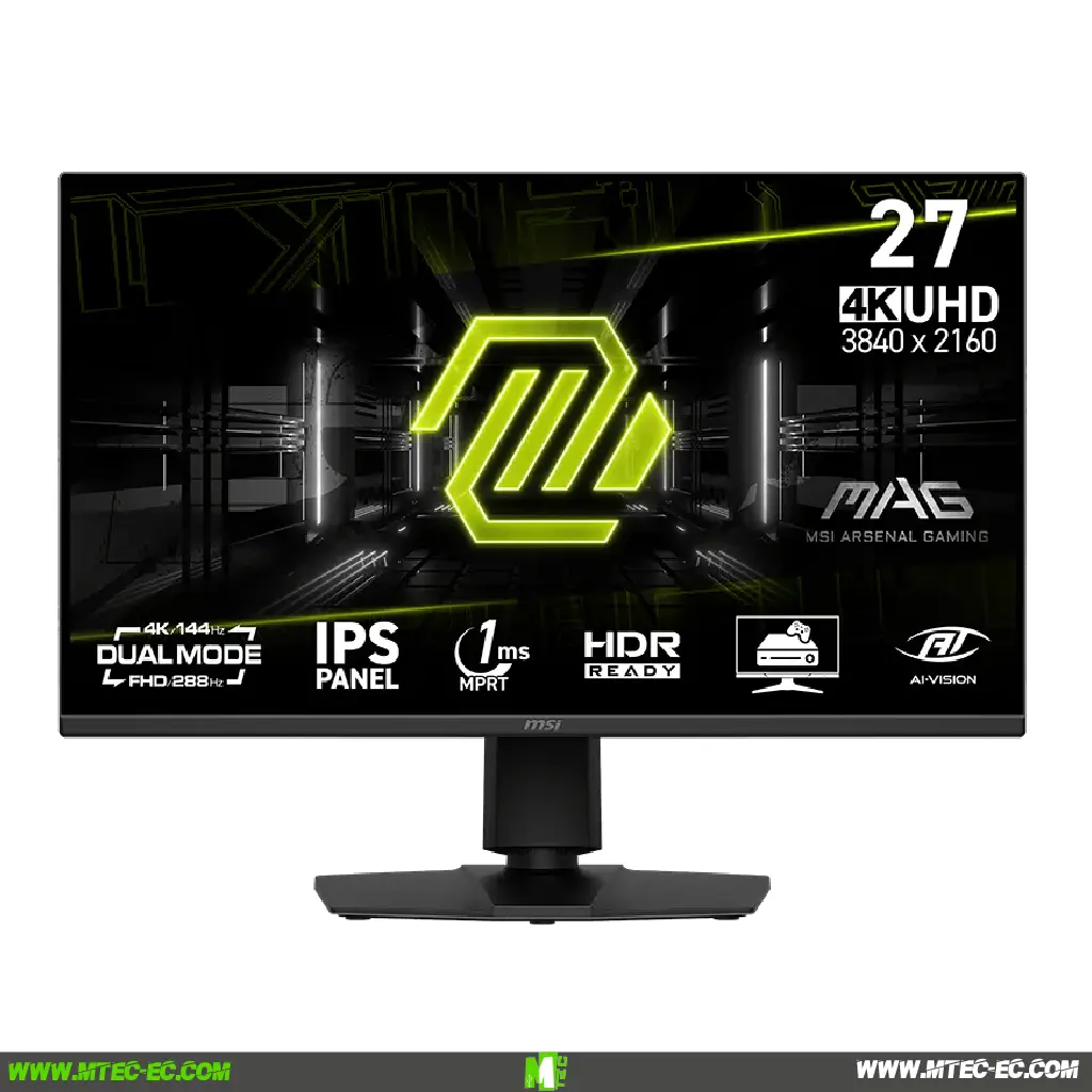 Mtec-Msi-Mag-275upd-e14-monitor-4k | MTEC 27-inch MSI Arsenal Gaming monitor displaying a neon green logo with feature icons along the bottom edge (4K UHD).