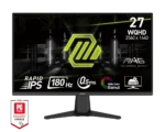 MSI gaming monitor on stand displaying neon logo and feature icons like 180 Hz, 0.5 ms, Wide Color Gamut, with PCMag badge shown nearby (image of a monitor).
