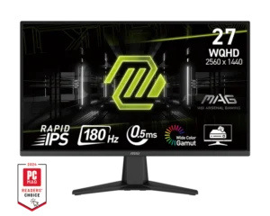 MSI gaming monitor on stand displaying neon logo and feature icons like 180 Hz, 0.5 ms, Wide Color Gamut, with PCMag badge shown nearby (image of a monitor).