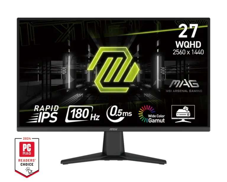 MSI gaming monitor on stand displaying neon logo and feature icons like 180 Hz, 0.5 ms, Wide Color Gamut, with PCMag badge shown nearby (image of a monitor).