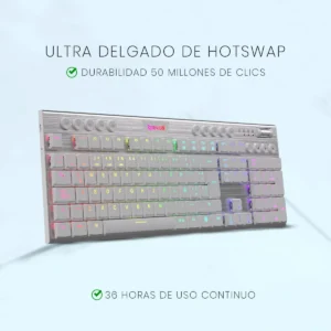 Promo image of a slim hot-swappable keyboard with rainbow backlighting; highlights 50 million keystrokes durability and 36 hours of continuous use (green check icons).