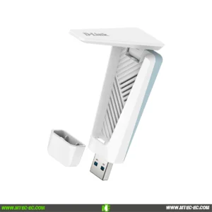 White USB flash drive with a textured grip and a removable cap, shown at an angle with branding visible on the top surface.