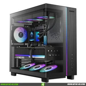 gamdias-atlas-m4-case-gamer-atx-vidrio-templado-4-fans-argb-ecuador | MTEC Mid-tower gaming PC case with a glass side panel, visible RGB fans, and cable management inside