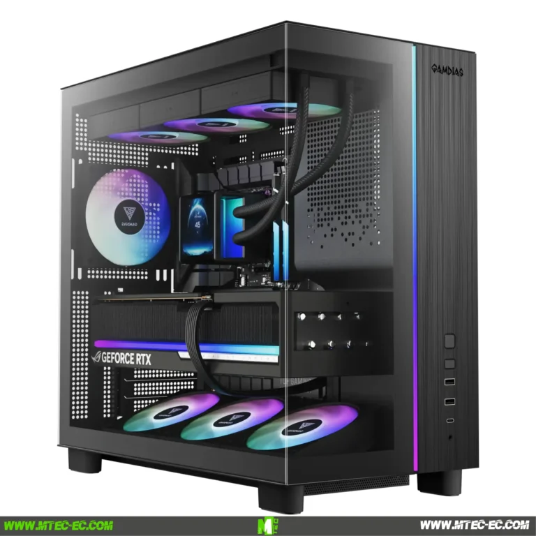 gamdias-atlas-m4-case-gamer-atx-vidrio-templado-4-fans-argb-ecuador | MTEC Mid-tower gaming PC case with a glass side panel, visible RGB fans, and cable management inside
