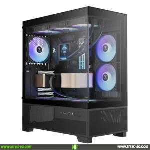 Mid-tower gaming PC with a transparent side panel showing RGB-lit fans and cables inside.