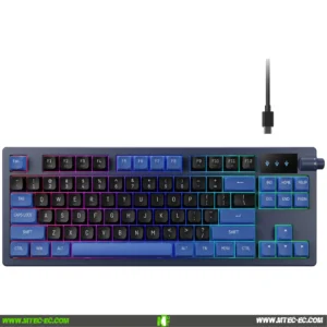 gamdias-hermes-e7-teclado-mecanico-usb-red-switch-gamer-ecuador | MTEC RGB-lit gaming keyboard with a wired USB-C connector visible at the top-right, full keyboard shown against a light background.