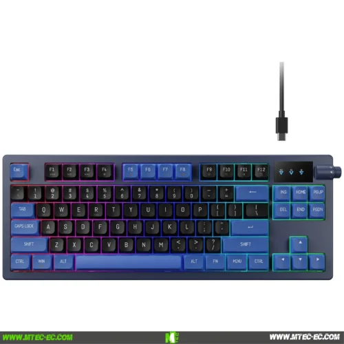 RGB-lit gaming keyboard with a wired USB-C connector visible at the top-right, full keyboard shown against a light background.