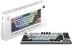 Box for Forge GK600 TKL Wireless keyboard displayed next to a rainbow RGB mechanical keyboard