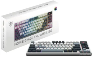 Box for Forge GK600 TKL Wireless keyboard displayed next to a rainbow RGB mechanical keyboard