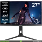 Curved computer monitor on a stand displaying a game character, with a left-side panel listing inputs (QHD, IPS, DP, HDMI) and a 27-inch size label.