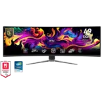 Widescreen monitor showing bright, swirling abstract colors with a '3 OLED' warranty badge on the left and award logos beneath.