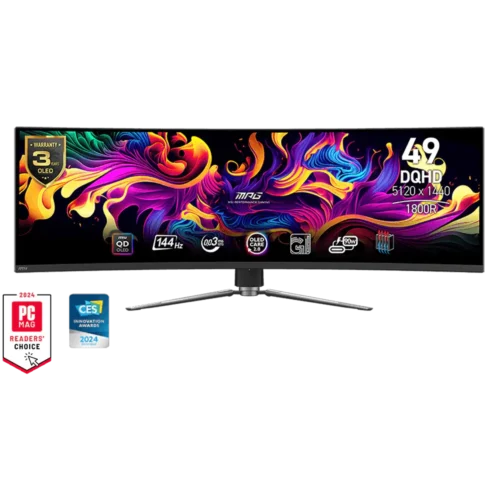 Widescreen monitor showing bright, swirling abstract colors with a '3 OLED' warranty badge on the left and award logos beneath.