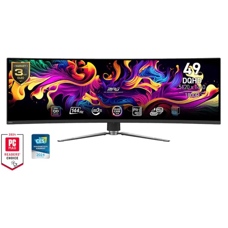 Widescreen monitor showing bright, swirling abstract colors with a '3 OLED' warranty badge on the left and award logos beneath.