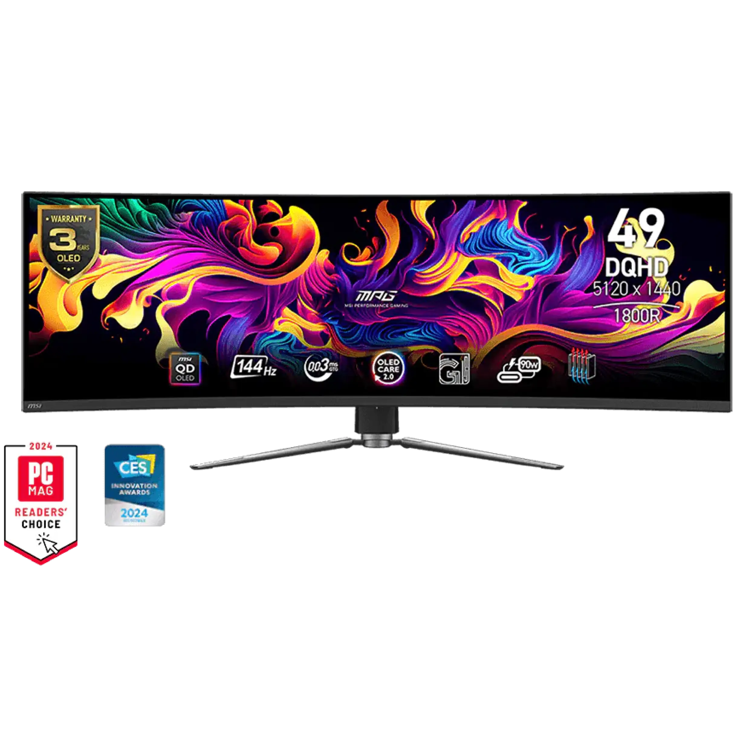 Widescreen monitor showing bright, swirling abstract colors with a '3 OLED' warranty badge on the left and award logos beneath.