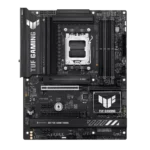 Motherboard with a large TUF GAMING logo on a dark heatsink and multiple PCIe slots visible across the board