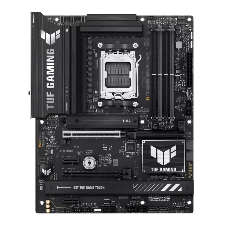 Motherboard with a large TUF GAMING logo on a dark heatsink and multiple PCIe slots visible across the board