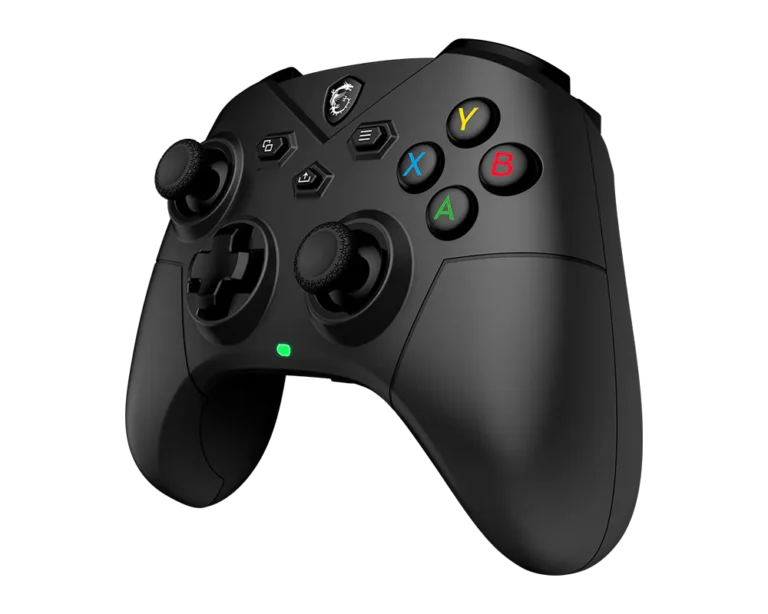 Black game controller with a green LED, featuring colored A B X Y buttons against a black background.