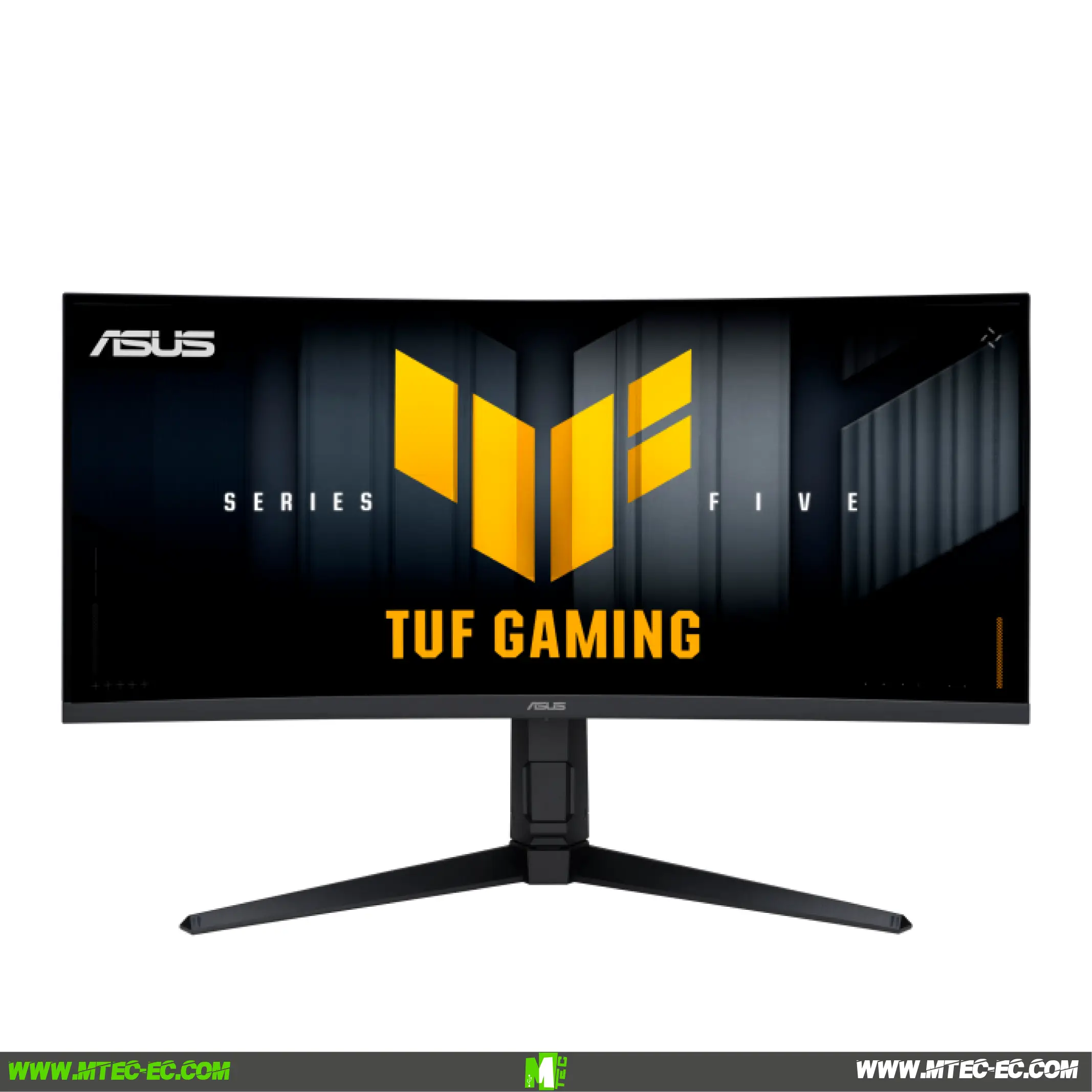 asus-tuf-gaming-vg34wqml5a-34pulg-wqhd-curvo-250hz-05ms-hdmi-dp-ecuador | MTEC 27" ASUS monitor on a stand, showing a gaming-themed poster with yellow graphics and bold text at the bottom edge of the screen.