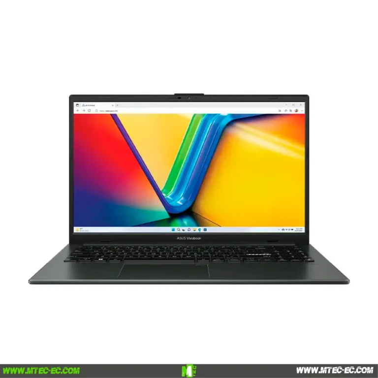 Front view of a black ASUS VivoBook laptop open, displaying a bright, multicolored wallpaper on the screen.