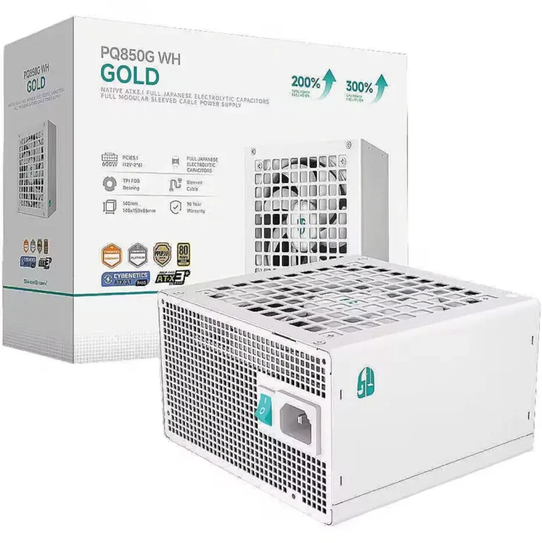 White modular computer power supply with a vented front panel beside its packaging box labeled GOLD and teal accents