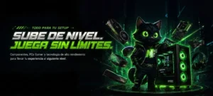 Banner promocional de videojuegos en neón: lema 'Sube de nivel. Juega sin límites' junto a un gato negro con ojos verdes y hardware de PC iluminado en verde-ácido, destacando tecnología gaming y componentes.