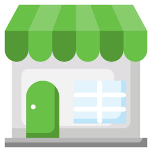 Illustration of a small storefront with a green awning, green door, and a window.