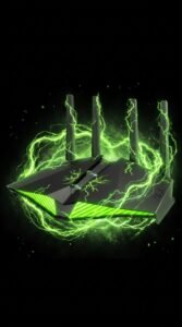 Gaming router with four tall antennas and neon green lighting, surrounded by green electric sparks on a black background, conveying high-speed performance.