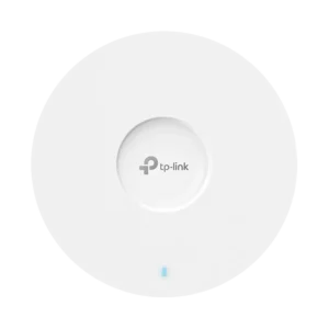 MTEC-tp-link-eap723-punto-de-acceso-de-techo | MTEC White circular TP-Link Wi-Fi access point with a blue LED indicator at the bottom left edge of the disk.