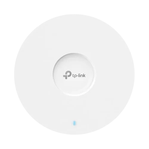 MTEC-tp-link-eap723-punto-de-acceso-de-techo | MTEC White circular TP-Link Wi-Fi access point with a blue LED indicator at the bottom left edge of the disk.