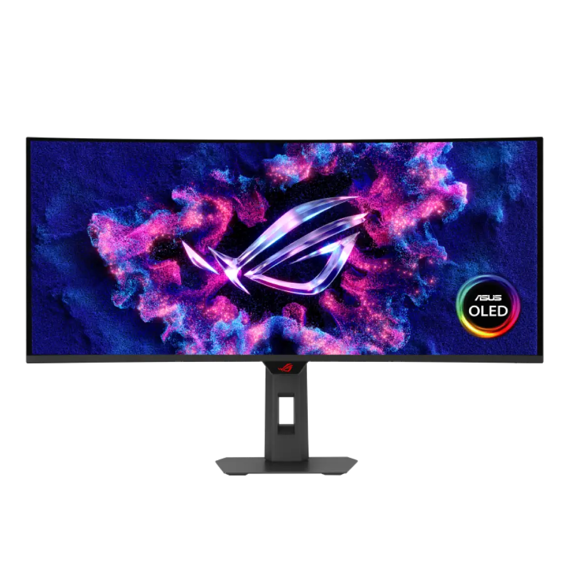 ASUS ROG OLED wide gaming monitor on a stand with a vibrant colorful display and logo badge.