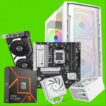 Exploded view of PC hardware including Ryzen 5 CPU box, motherboard, GPU, RAM, cooling fans, and a case on a bright green background.