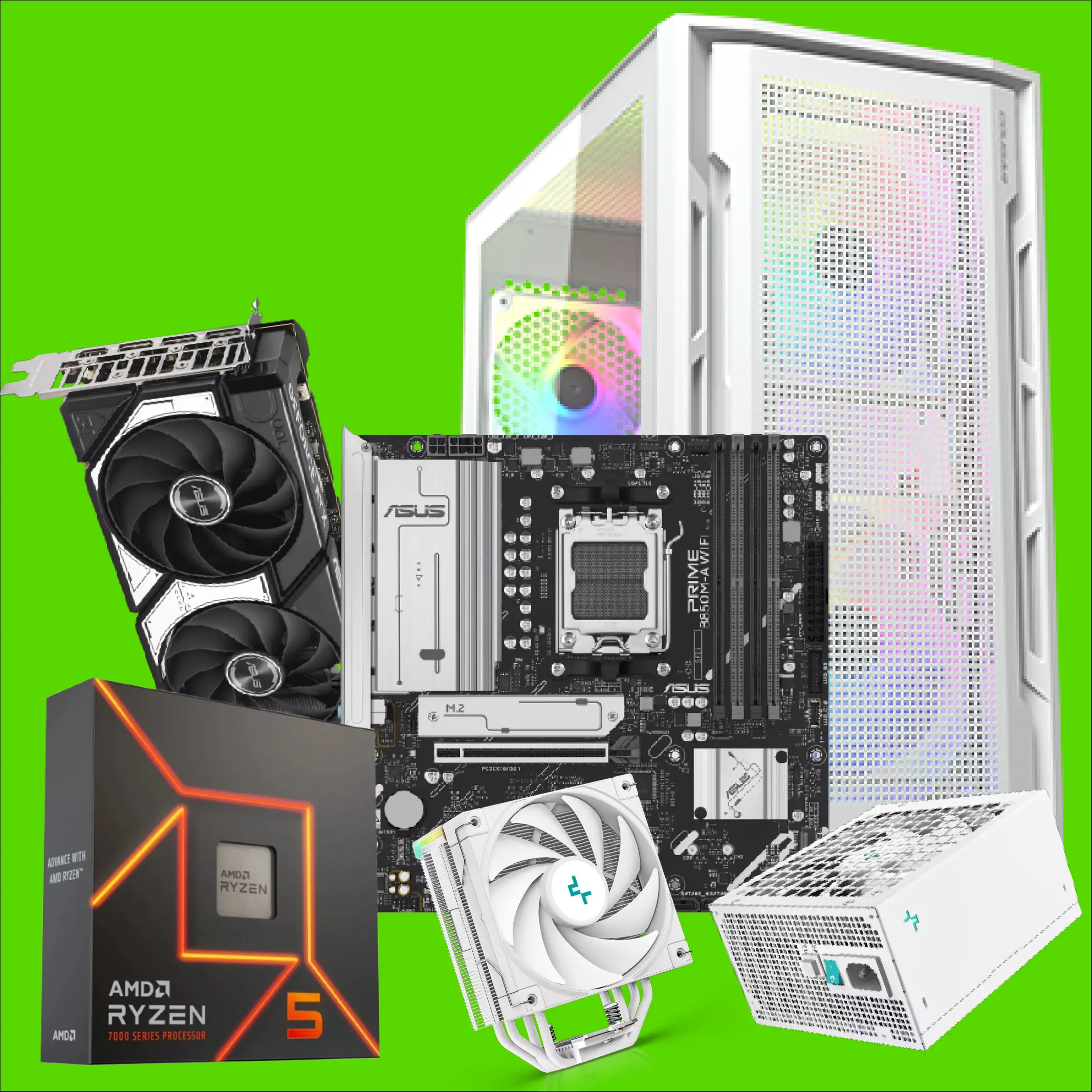Mtec PC Snow Rainbow Ryzen 5 9600X 16GB 1TB RTX 5060 TI | MTEC Exploded view of PC hardware including Ryzen 5 CPU box, motherboard, GPU, RAM, cooling fans, and a case on a bright green background.