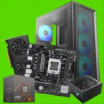 Collage of computer components: motherboard, GPU, CPU box, power supply, and a tower case against a bright green background.
