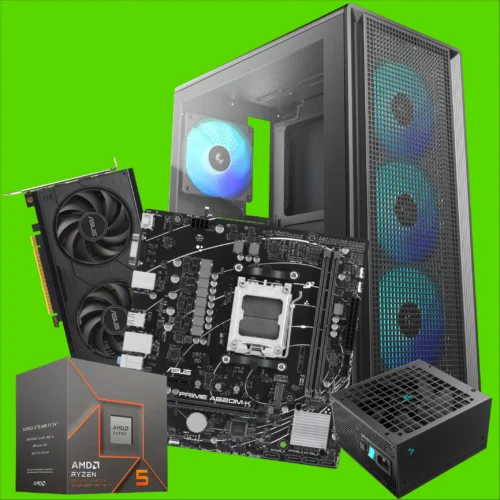 Collage of computer components: motherboard, GPU, CPU box, power supply, and a tower case against a bright green background.