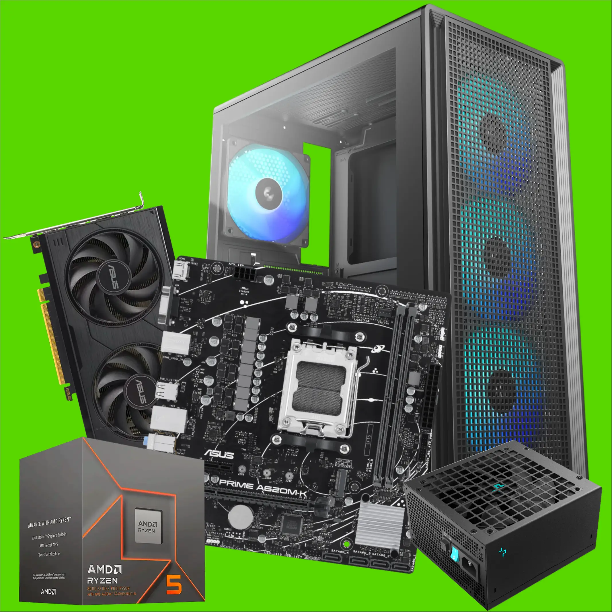 Collage of computer components: motherboard, GPU, CPU box, power supply, and a tower case against a bright green background.