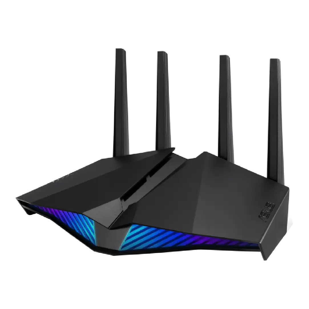 Black gaming router with four external antennas and blue‑purple front LED accents.
