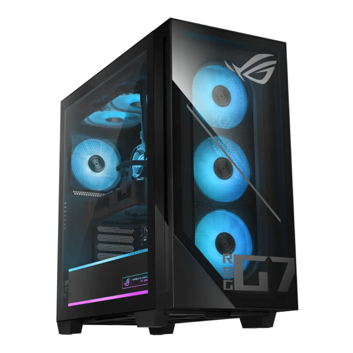 Mid-tower gaming PC with a glass side panel and three blue RGB fans, ROG logo visible on the front panel.