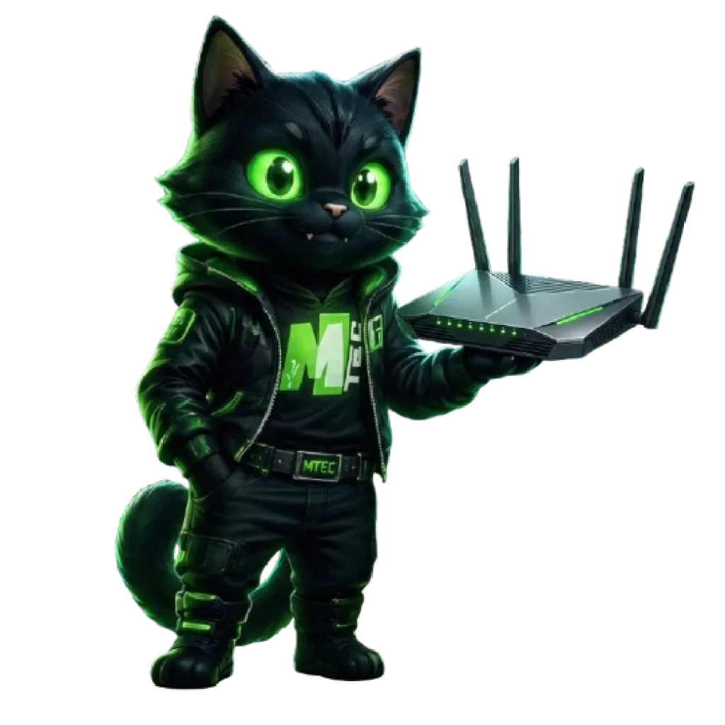 Anthropomorphic black cat mascot in a green outfit holding a wireless router with four antennas.