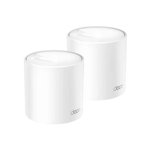 Mtec-tp-link-deco-x50-wifi-mesh-2-pack | MTEC Two white cylindrical devices with smooth surfaces and a subtle 'deco' logo, placed side by side.