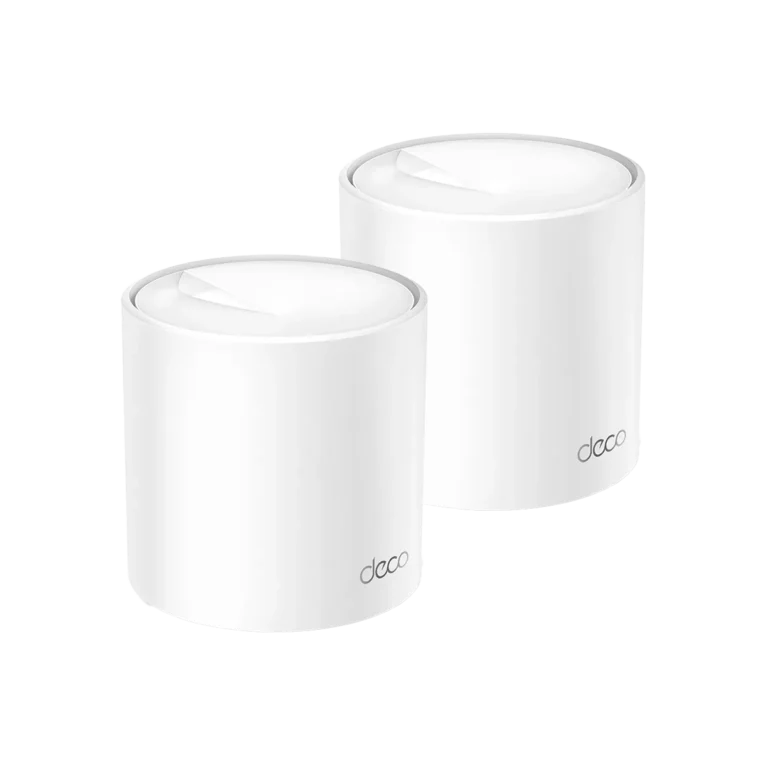 Two white cylindrical devices with smooth surfaces and a subtle 'deco' logo, placed side by side.