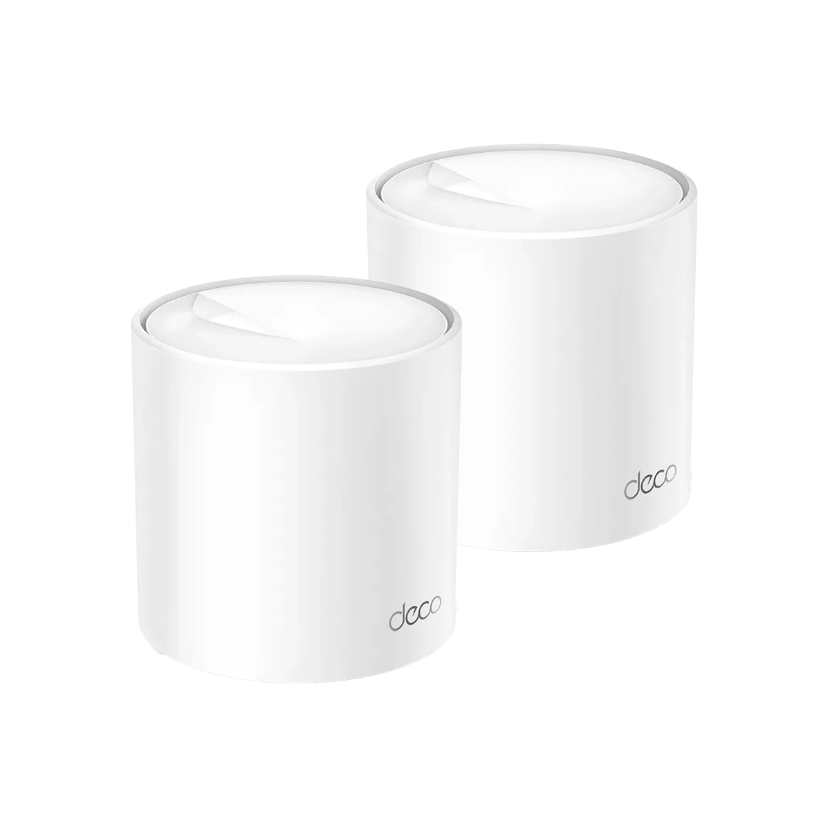 Mtec-tp-link-deco-x50-wifi-mesh-2-pack | MTEC Two white cylindrical devices with smooth surfaces and a subtle 'deco' logo, placed side by side.