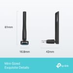 TP-Link USB wireless adapter shown in front and side views with size measurements: 81 mm tall, 16.8 mm wide, 42 mm long (compact, portable dongle).