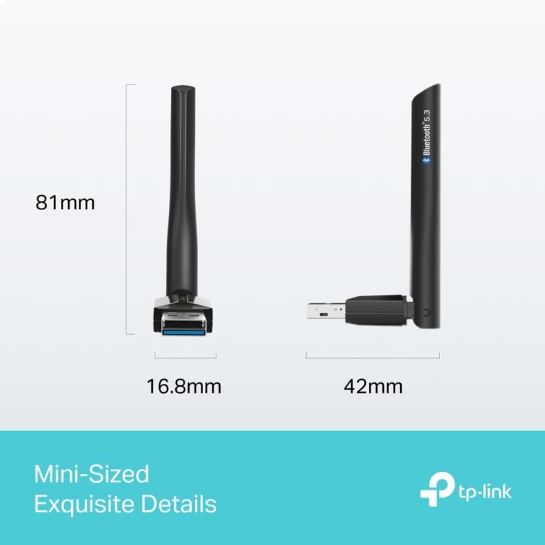 TP-Link USB wireless adapter shown in front and side views with size measurements: 81 mm tall, 16.8 mm wide, 42 mm long (compact, portable dongle).